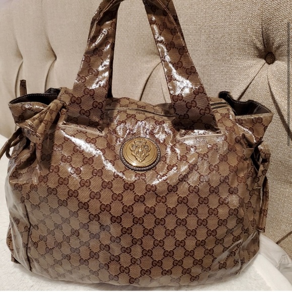 Gucci Top Handle Hysteria Bag Crystal Coated Large Beige Patent Gg Canvas Tote - Picture 1 of 12